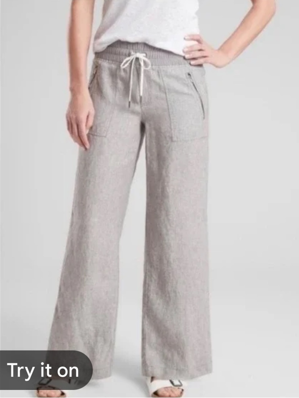 Athleta Light Gray Wide-Leg 100% Linen Pants with Elastic Drawstring Waist